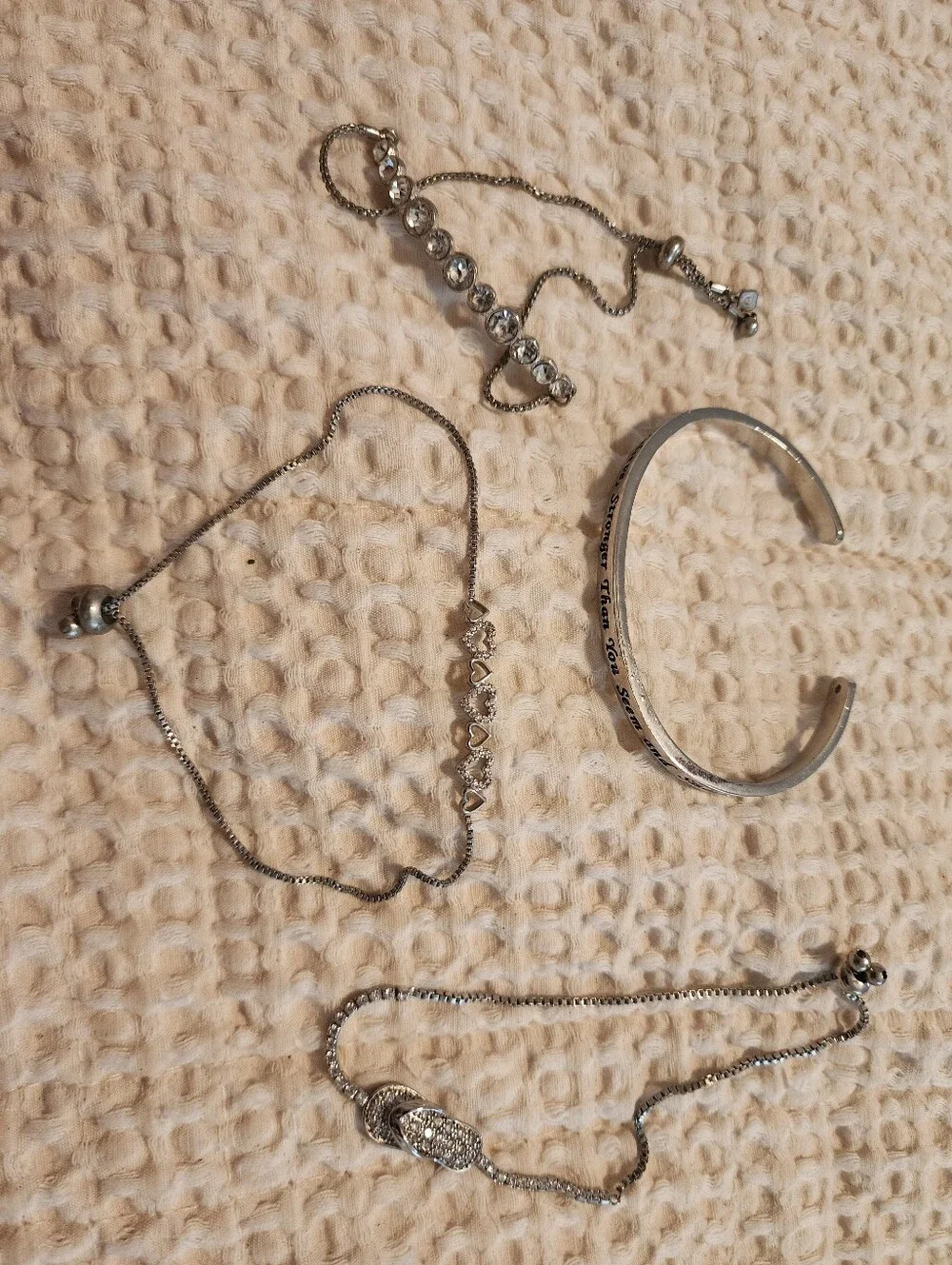 Lot Of 4 Silver-Tone Bracelets 3 Bolo Style 1 Inspirational Cuff Flipflop Bling
